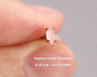 Pendiente de titanio con piedra de cuarzo rosa natural, sin rosca, con pasador a presión, para labio, con piedra rosa, con parte trasera plana, para cartílago, trago, hélix y nariz.