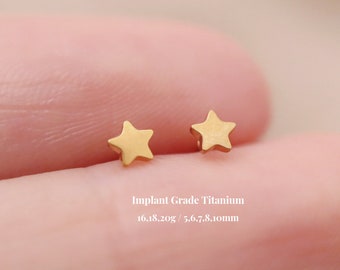 Titanium Star Threadless Push Pin Labret, Flat Back Earring, Cartilage Tragus Helix Stud, Nose Stud, Small Star Stud, 16g 18g 20g, 5-10mm
