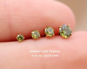 Titanium Peridot Threadless Push Pin Labret, Olive-green Cz Flat Back Earring, Cartilage Stud, Tragus Helix Nose Stud, 16g 18g 20g, 5-10mm