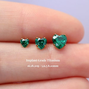 Titanium Emerald Cz Heart Threadless Push Pin Labret, Flat Back Earrings, Cartilage Stud, Tragus Stud, Conch Helix Nose Stud, 16G 18G 20G