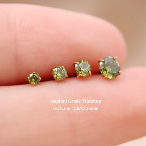 Titanium Peridot Threadless Push Pin Labret, Olive-green Cz Flat Back Earring, Cartilage Stud, Tragus Helix Nose Stud, 16g 18g 20g, 5-10mm