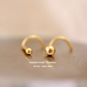 May include: Two gold-colored titanium nose rings with ball ends. The larger ring is 3 mm in diameter and the smaller ring is 2 mm in diameter. The rings are made of implant grade titanium and are 18 gauge.