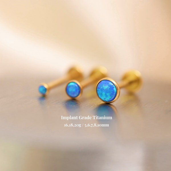 Titanium Blue Opal Threadless Push Pin Labret, 2mm 3mm 4mm Flat Back Stud, Cartilage Tragus Conch Helix Nose Piercing Earrings, 16g 18g 20g