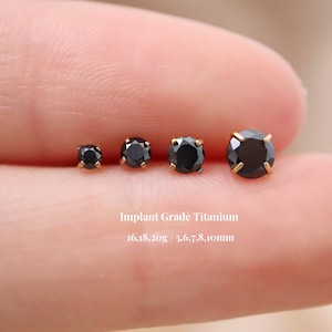 Titanium Black Cz Push Pin Labret, Threadless Flat Back Earring, Cartilage Stud, Tragus Stud, Conch Helix Nose Stud, 16G 18G 20G, 5-10mm