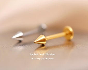 Titanium Spike Threadless Push Pin Labret, Spike Flat Back Earring, Tragus Stud, Cartilage Helix Nose Stud, Labret Stud, 16g 18g 20g, 5-10mm