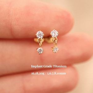 Titanium Two Stone Dangle Threadless Push Pin labret, Cz Dangle Flat Back Stud, Cartilage Stud, Conch Helix Stud, 16G 18G 20G, Gift For Her