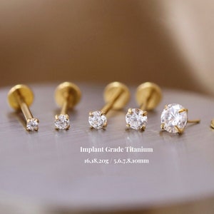 Titanium Cz Threadless Push Pin Labret, Flat Back Earring, Cartilage Tragus Helix Stud, Nose Stud, Small Stud, 16g 18g 20g, 5mm-10mm