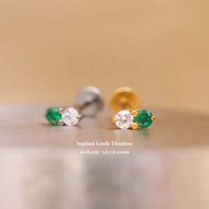 Titanium Emerald Cz Threadless Push Pin Labret, Cz Bar Flat Back Earrings, Cartilage, Tragus, Conch, Helix, Nose Stud, 16g 18g 20g, 5-10mm