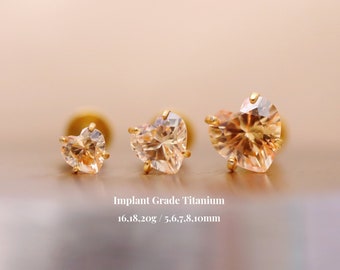 Titanium Citrine Heart Threadless Push Pin Labret, Flat Back Earring, Cartilage, Tragus, Conch, Helix, Nose Stud, 16G 18G 20G, 5mm-10mm