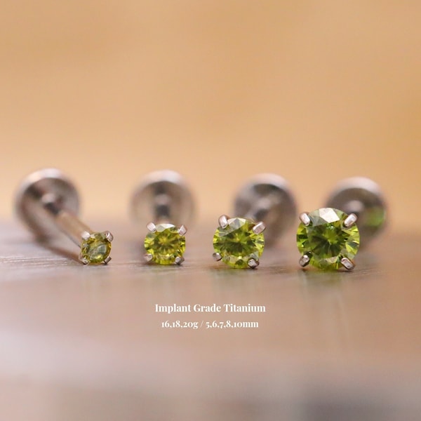 Titanium Olive Green Cz Threadless Push Pin Labret, Cz Flat Back Earrings, Cartilage Tragus Helix Nose Stud, 16g 18g 20g, 5-10mm