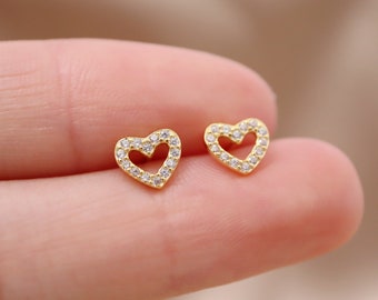 Gold heart stud earrings sterling silver 1 Pair, Minimalist earrings, Dainty heart earring, Tiny cz heart earring, Gift for her