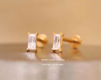 Titanium Rectangle Cz Threadless Push Pin Labret, Baguette Flat Back Earring, Cartilage, Tragus, Conch, Helix Stud, 16g 18g 20g, 5-10mm