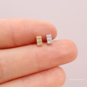 Titanium Cz Threadless Push Pin Labret, Rectangle Flat Back Earring, Cartilage Tragus Conch Helix Nose Piercing Stud, 16G 18G 20G