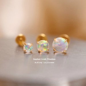 Titanium aurora opal threadless push pin labret, Rainbow opal flat back stud, Cartilage conch tragus helix nose stud, 16g/18g/20g, 5-10mm