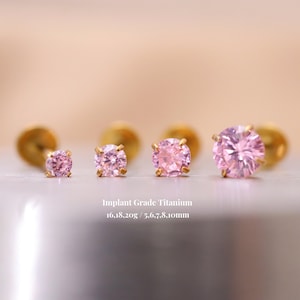 Titanium Pink Cz Threadless Push Pin Labret, Flat Back Earrings, Cartilage Tragus Helix Stud, Nose Stud, Small Stud, 16g 18g 20g, 5mm-10mm