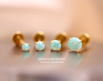 Titangrön opal gänglös trycknålsstift, 2 mm 2,5 mm 3 mm 4 mm platt baksida stift, Tragus Conch Helix näspiercing, 16g 18g 20g, 5-10 mm