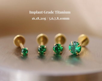 Titanium Emerald Stone Threadless Push Pin Labret Stud, 20G/18G/16G, Green Cz Flat Back Earring, Nose, Tragus, Cartilage Helix Stud,