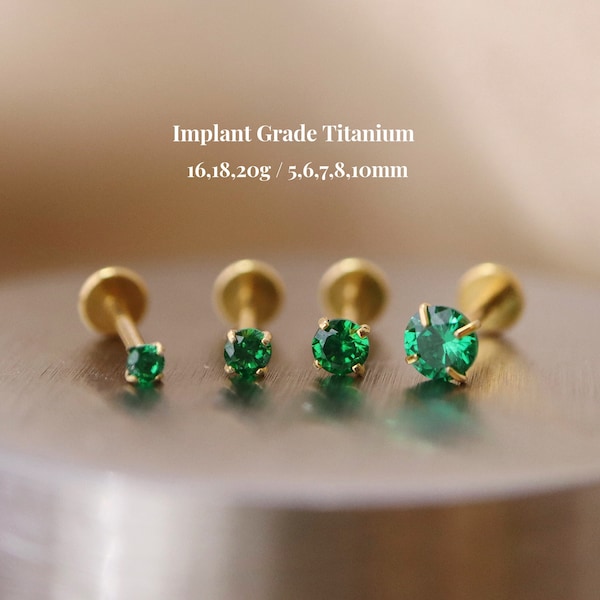 Emerald Stone Threadless Push Pin Labret Stud, 20G/18G/16G, Flat Back Earring, Nose, Tragus, Cartilage Helix Stud, Implant Grade Titanium