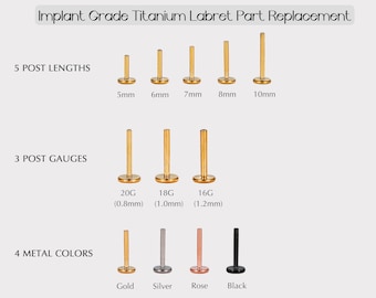 Implant Grade Titanium, 16g, 18g, 20g / 5 6 7 8 10mm, Threadless Push Pin Labret Bar, Helix/Conch/Tragus, Replacement Labret Part, Flat Back