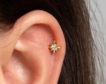 Starburst stud earrings, CZ star cartilage earrings, Tragus conch earrings, Helix stud screw back, Gold star earrings, Small stud earrings