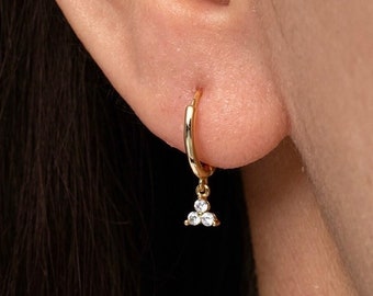 Flower hoop dangle earrings, Cz flower charm hoops, Huggie earrings, Minimalist earrings, Dainty flower earrings, Small hoop earrings