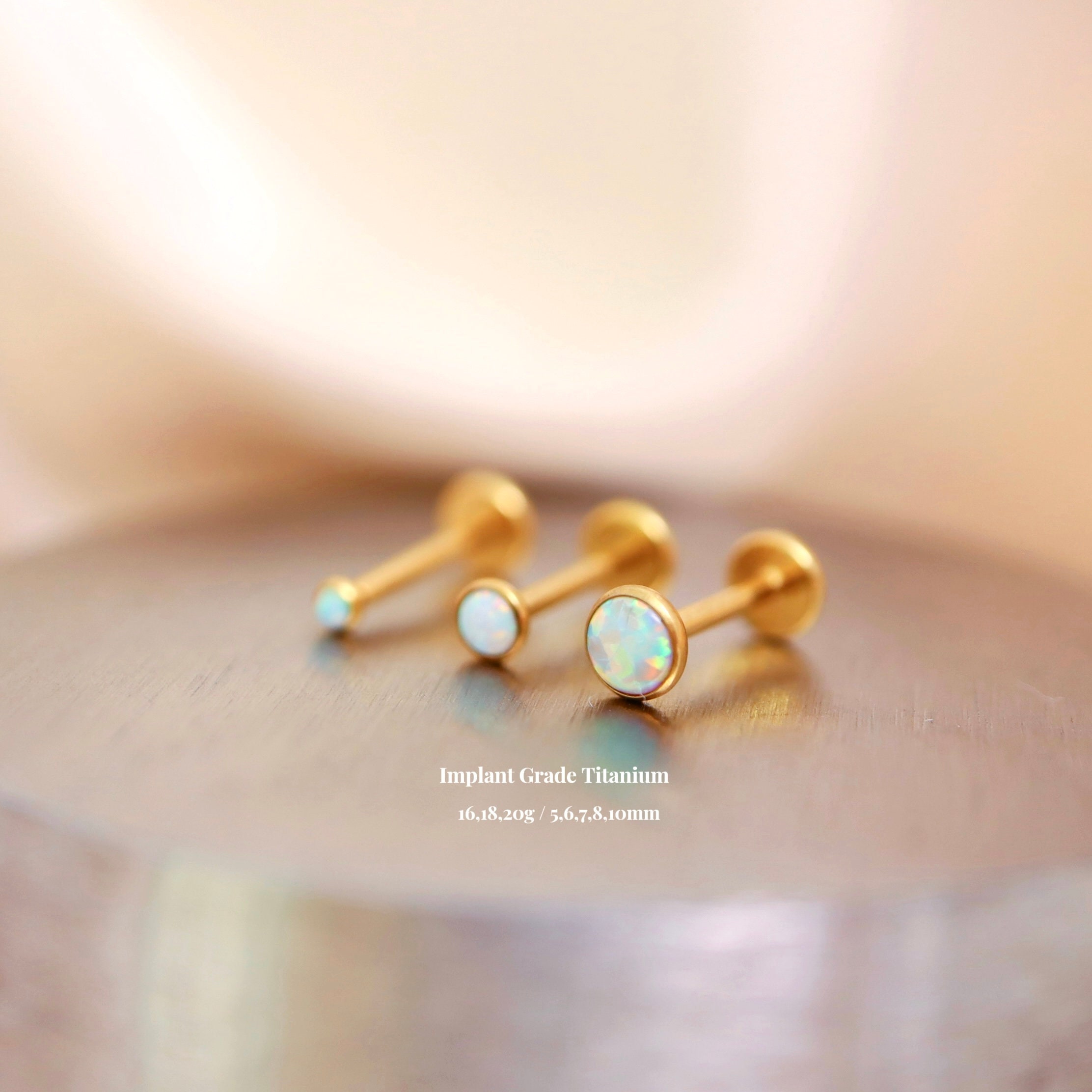Titanium White Opal Threadless Push Pin Labret, 2mm 3mm 4mm Opal Flat Back Stud, Cartilage Tragus, Helix Stud, Nose Opal Stud, 16g 18g 20g