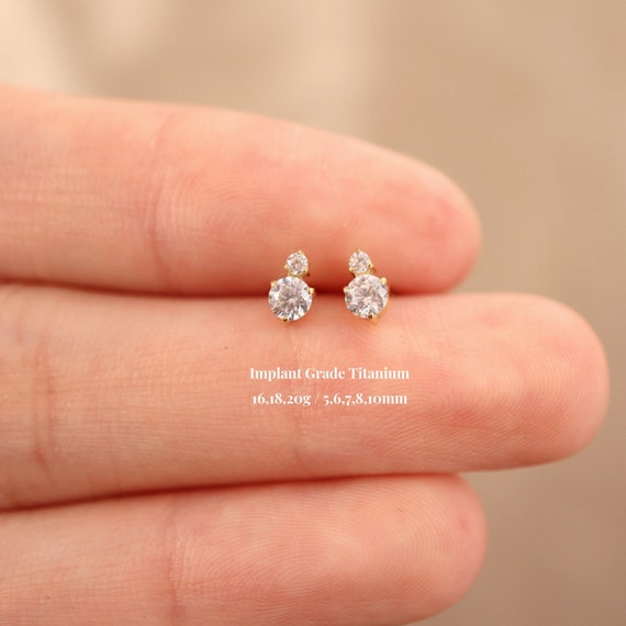 Titanium Cz Threadless Push Pin Labret, Raindrop Cz Flat Back Earring, Cartilage Tragus Conch Helix Stud, Dainty Stud Earring, 16G 18G 20G