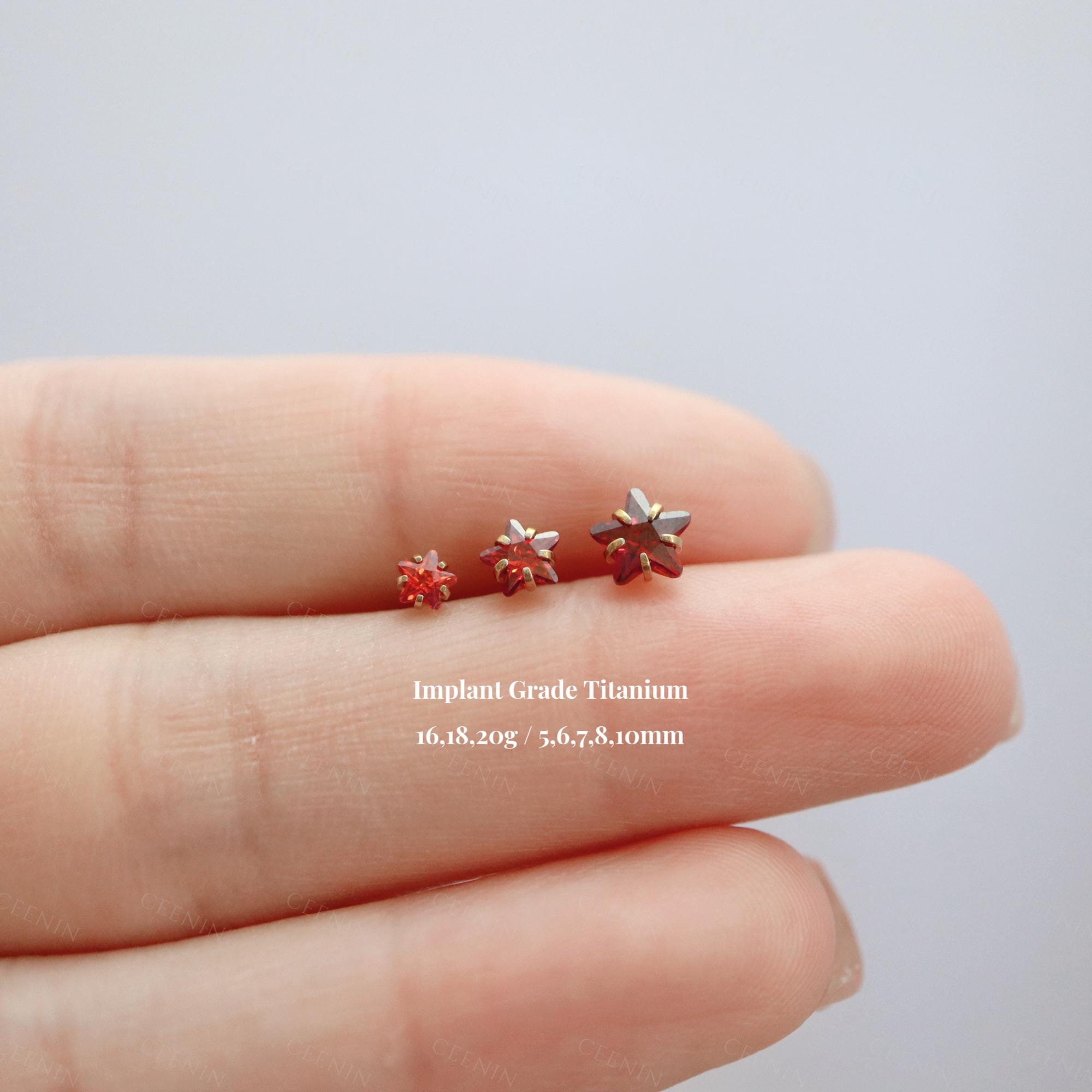 Titanium Garnet Star Cz Threadless Push Pin Labret, 3mm 4mm 5mm Star Flat Back Earring, Cartilage Stud, Tragus Conch Helix Stud, 16G 18G 20G
