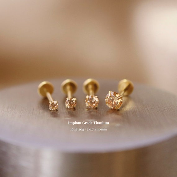 Titanium Citrine Cz Threadless Push Pin Labret, Cz Flat Back