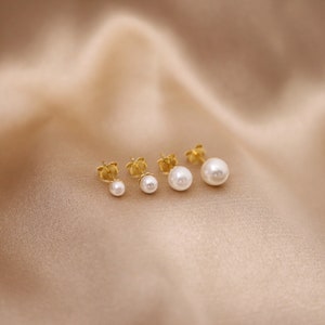 Tiny pearl stud earrings, Pearl earrings, Dainty pearl studs, Freshwater pearl studs, Sterling silver pearl studs, Everyday studs image 2