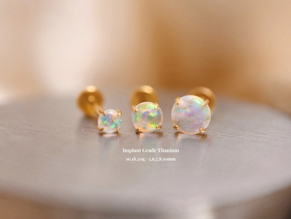 Titanium aurora opal threadless push pin labret, Rainbow opal flat back stud, Cartilage conch tragus helix nose stud, 16g/18g/20g, 5-10mm