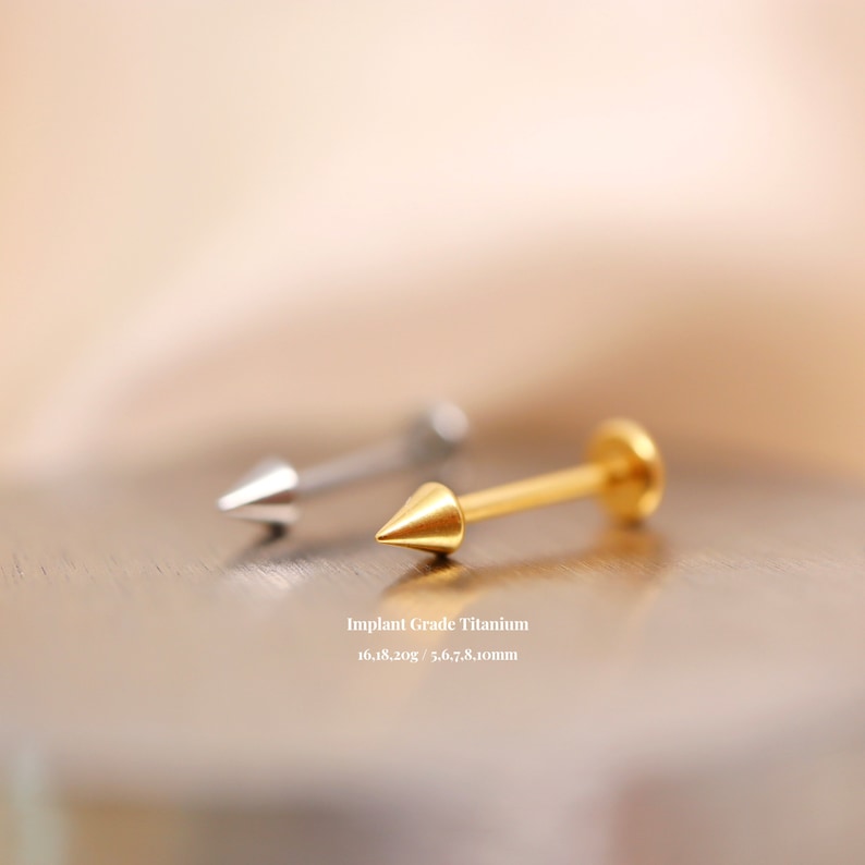 Titanium Spike Threadless Push Pin Labret, Spike Flat Back Earring, Tragus Stud, Cartilage Helix Nose Stud, Labret Stud, 16g 18g 20g, 5-10mm image 1