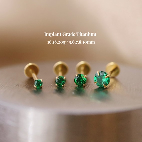 Titanium Emerald Stone Threadless Push Pin Labret Stud, 20G/18G/16G, Green Cz Flat Back Earring, Nose, Tragus, Cartilage Helix Stud,