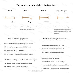 K&ouml;nnte beinhalten: Anleitung zum Einsetzen eines fadenlosen Push-Pin-Labrets, die vier Schritte mit Illustrationen zeigt. Die Anleitung enth&auml;lt Informationen zur Messung der Gauge-Gr&ouml;&szlig;e und der L&auml;nge/des Durchmessers. Das Bild enth&auml;lt auch eine Tabelle mit verschiedenen Gauge-Gr&ouml;&szlig;en und ihren entsprechenden K&ouml;rperpiercings.