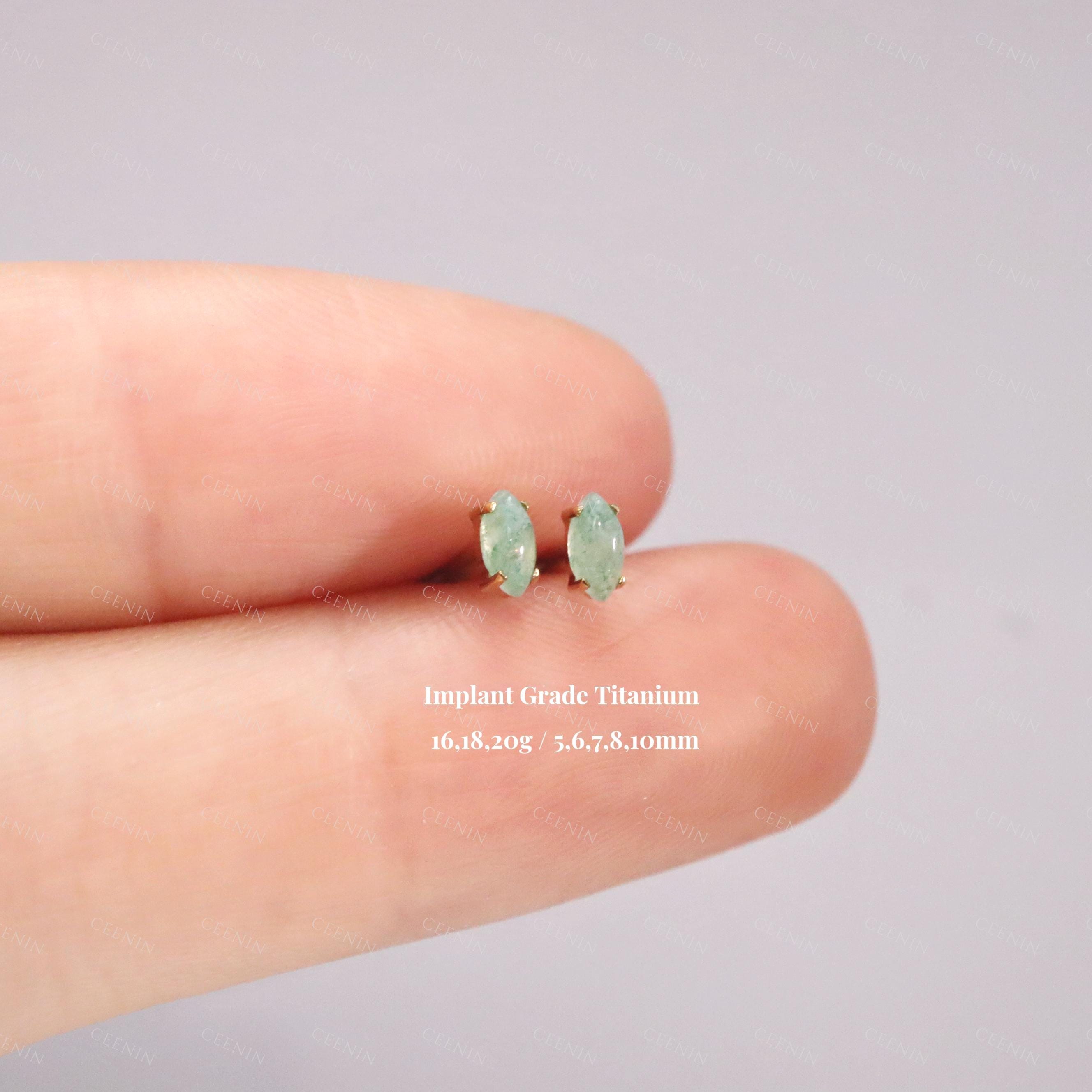 Titanium Natural Green Aventurine Stone Threadless Push Pin Labret, Flat Back Earring, Cartilage Stud, Conch Stud, Tragus Helix Nose Stud