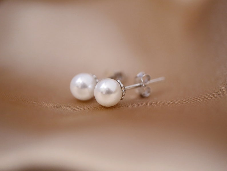 Tiny pearl stud earrings, Pearl earrings, Dainty pearl studs, Freshwater pearl studs, Sterling silver pearl studs, Everyday studs image 4