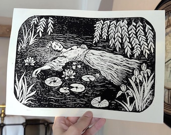 Ophelia Lino Print, A4 Shakespeare Wall Art, Literary Linocut Print, Pre-Raphaelite Inspired Botanical Dark Academia Decor