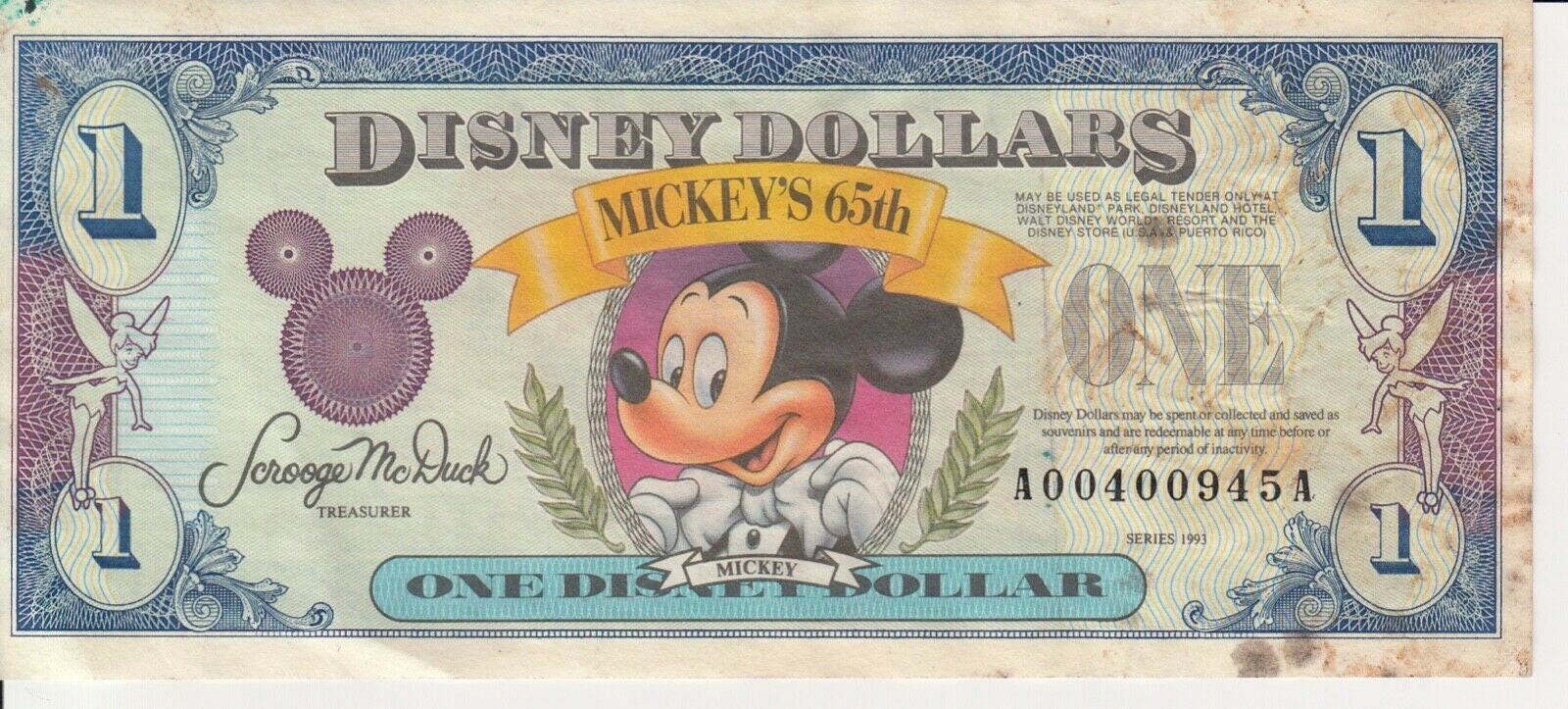 1989 Mickey Mouse Money Disney Dollars One Dollar Bill 1 Dollar