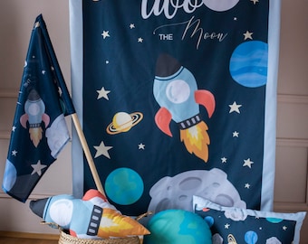 Space Bedding Set 'To the Moon' • Kid's Cosmos Bed Linen for Boy / Girl • Cosmic Cotton Bed Clothes • Comforter / Duvet Cover with Rocket