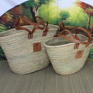 LARGE DOUBLE Bag Short Handles + Leather Long Handles - Straw basket Shopping Bags Beach Basket Wicker Natural Palm
