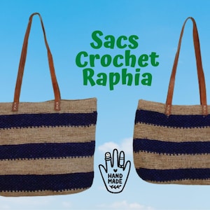 CROCHET RAFFIA BAG - Natural & Blue - Long Handles - Hand Braided - Crafts from Madagascar -