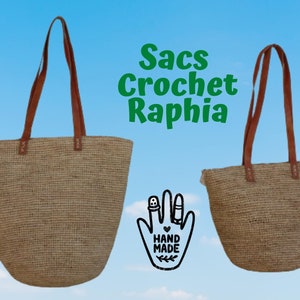 RAFFIA CROCHET BAG - Long Leather Handles - Round Bottom & Inside Pocket - Entirely Handmade - Madagascar Crafts -