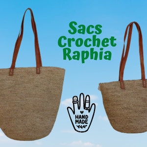 RAFFIA-HÄKETASCHE - Lange Ledergriffe - Runder Boden und Innentasche - Komplett handgefertigt - Kunsthandwerk aus Madagaskar -