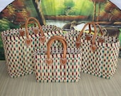 Hand woven rush shopping basket - Tote bag market rattan bag - Moroccan berber - Green Purple - 3 Sizes