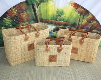 Superbe sac cabas Panier en Jonc MAROCAIN - 3 tailles - idéal courses , marchés , travail , plage ... NATUREL & CAMEL