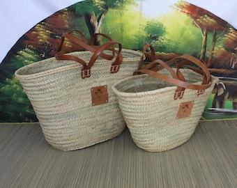 LARGE DOUBLE Bag Short Handles + Leather Long Handles - Straw basket Shopping Bags Beach Basket Wicker Natural Palm