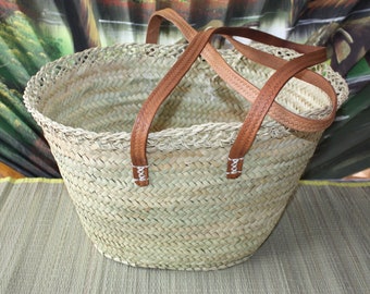 Sublime Bag con asas largas y planas de cuero - Cesta tipo moisés de mimbre de ratán de paja de palma - ideal para compras, mercados, trabajo, playa, decoración...
