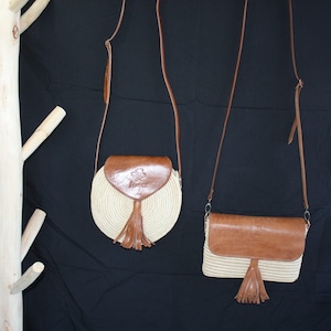 Sac Crochet Raphia Bandoulière Cuir - Rond ou pochette rectangle - FAIT à la MAIN - Artisanant marocain - été femme -