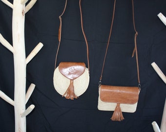 Raffia Crochet Leather Shoulder Bag - Round or rectangle pouch - HANDMADE - Moroccan craftsman - summer woman -
