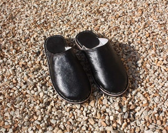 Zwarte leren pantoffels - 100% handgemaakt in Berberstijl - Heren & Dames - Maten 35 t/m 49!